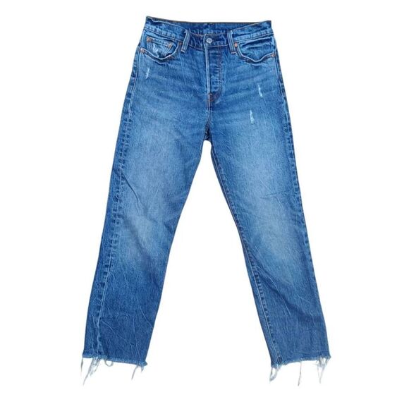 Levi's Distressed Denim Jeans 26 Button Fly Raw Hem Retro Stretch Ankle Cropped - Picture 1 of 12